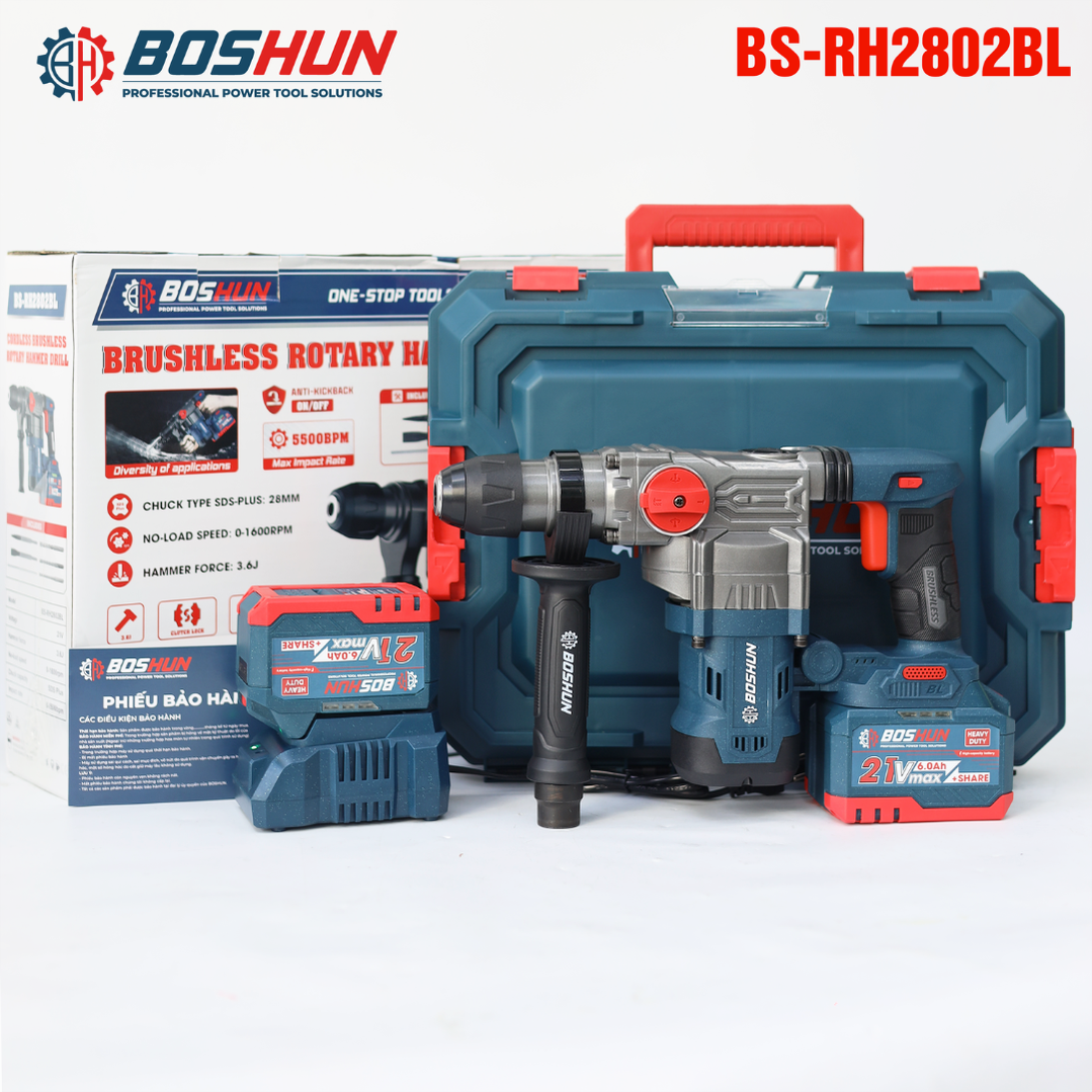 Máy khoan búa pin Boshun BS-RH2802BL - Chống rung AVS, Chống lật cổ tay