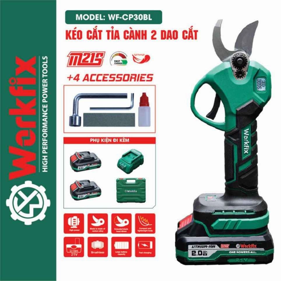 Kéo cắt cành pin Workfix WF-CP30BL (Lưỡi thép SK5) - Có màn hình LED