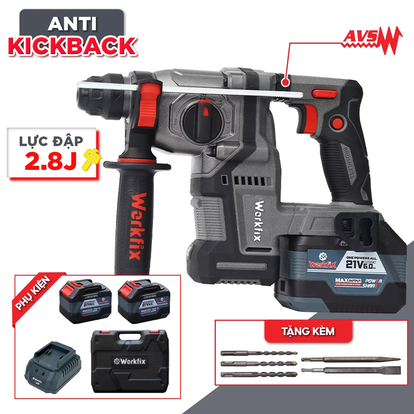Máy khoan bê tông Workfix WF-RH2203PRO, khoan chống rung AVS, chống lật cổ tay Antikickback