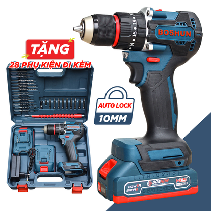 Máy Khoan Pin Boshun BS-ID1065BL, Đầu Kẹp 10mm Kèm 2 Pin 2.0Ah